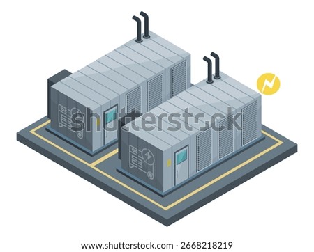 Isometric illustration of large industrial backup generator units with ventilation system and electrical infrastructure isolated on white background
