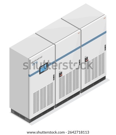Isometric illustration of a large industrial UPS cabinet system with touchscreen control panel used for backup power in data centers or manufacturing facilities