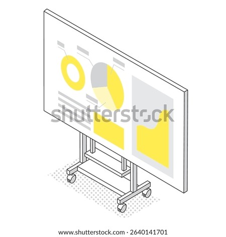 An isometric illustration of a large monitor or digital signage displaying charts and graphs. Suitable for offices, meeting rooms, exhibitions, or public spaces.