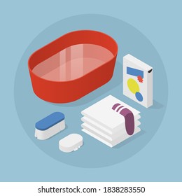 Isometric illustration of laundry objects. Washbowl with washing powder, soap and brush, clothes and sock. Hand-wash only concept.