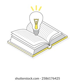 An isometric illustration of a light bulb emerging from an open book, symbolizing an idea sparked from its contents. Perfect for creativity, knowledge, and learning concepts.