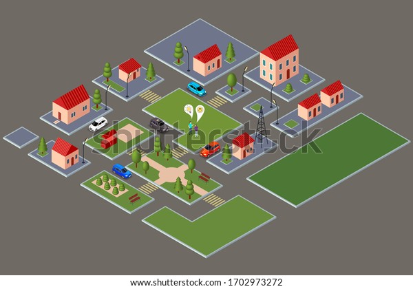 Isometric illustration, little city with\
houses and cars, town with red roofs, two people standing in the\
middle and talking,3d\
rendering,
