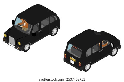 Isometric illustration: London taxi with drivers