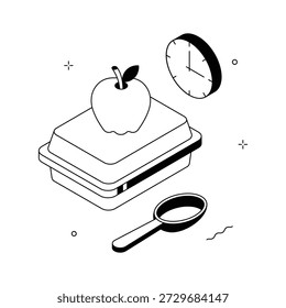 Ilustración isométrica de la lonchera, la manzana y la comida escolar durante el descanso