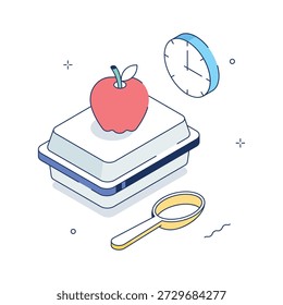 Ilustración isométrica de la lonchera, la manzana y la comida escolar durante el descanso
