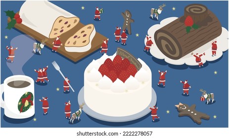 It is an isometric illustration of luxurious sweets and Santa Claus at a Christmas party.