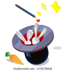 Isometric illustration: magician hat, rabbit, magic stick, carrot, stars, heart shape.