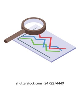 Ilustración isométrica de una lupa sobre papel con gráficos de crecimiento coloridos