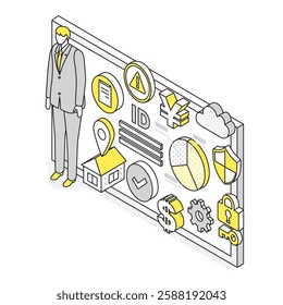 An isometric illustration of a male businessperson standing in front of a digital data panel. Ideal for personal data management, data security, and ID management concepts.