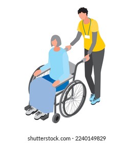 Isometric illustration of a male caregiver pushing a wheelchair on which a woman is riding.