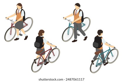 Isometric illustration: Male and female high school students pushing bicycles (summer)