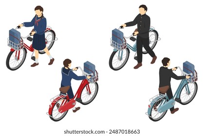 
Isometric illustration: Male and female junior high school students pushing bicycles