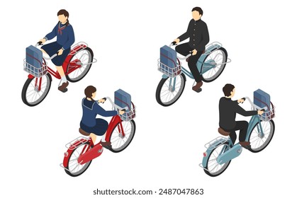 Isometric illustration: Male and female junior high school students riding bicycles