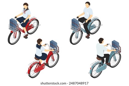 Ilustración isométrica: Estudiantes de secundaria de ambos sexos montando bicicletas (verano)