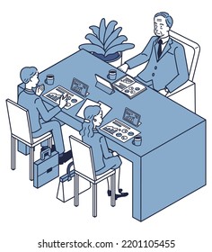 It is an isometric illustration of male and female office workers who have business talks with the president of the company while looking at the materials.
