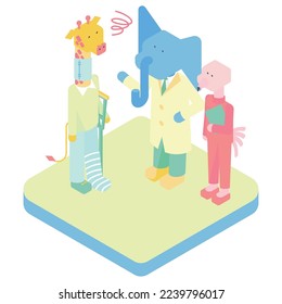 It is an isometric illustration of a male giraffe receiving an explanation from a doctor at a hospital.