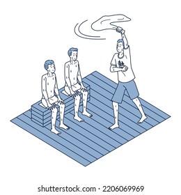 It is an isometric illustration of a male heat wave teacher looking up at the sauna room with a towel.