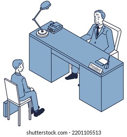 It Is An Isometric Illustration Of A Male Student Who Is Job Hunting Who Is Nervous At The Interview And The President Who Plays The Role Of An Interviewer Who Sits In A Good Seat.