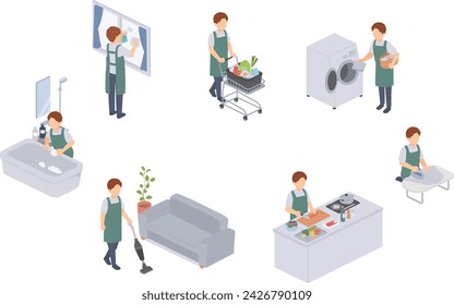 Isometric illustration of man in apron doing housework