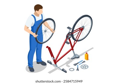 An isometric illustration of a man in blue overalls replacing a wheel on a red bicycle. The bike is upside down with various repair tools scattered around.