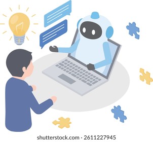 Isometric illustration of a man brainstorming and chatting with artificial intelligence to come up with ideas