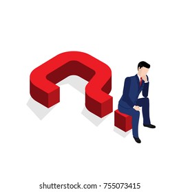 isometric illustration, a man in a business suit is sitting on a question mark