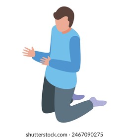 Isometric illustration of a man in casual clothes kneeling and making a hand gesture, indicating a conversation or explanation