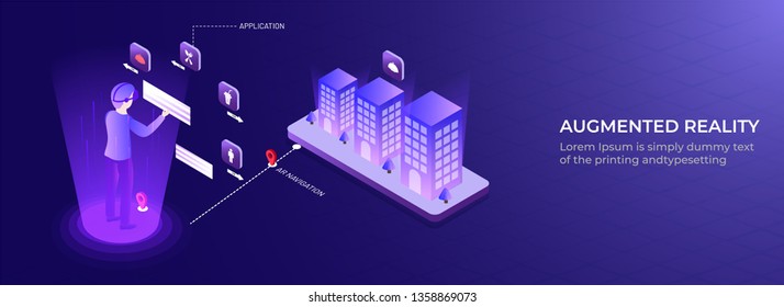Isometric illustration of man controlled and connected his house with technology device through internet network, internet of things background for Augmented Reality web page.