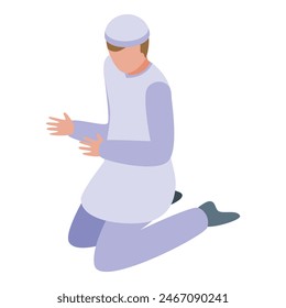 Isometric illustration of a man dressed in casual clothes kneeling on the ground with hands open