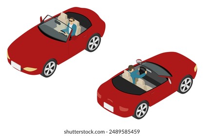 Isometric illustration: man driving a red convertible car