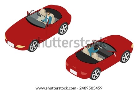 Isometric illustration: man driving a red convertible car