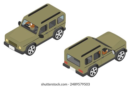 Isometric illustration: man driving an SUV