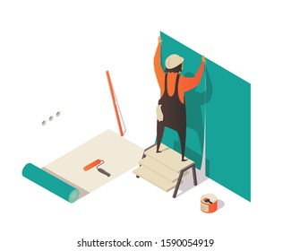 Isometric illustration with man hanging wallpaper.