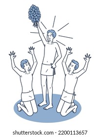 It is an isometric illustration of a man holding a Vihita used in a sauna and holding it high and a man around him praising it.