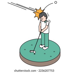 It is an isometric illustration of a man injured by a golf ball hitting his head while playing golf.