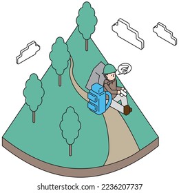 It is an isometric illustration of a man injured while climbing.