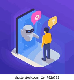 Ilustração isométrica de um homem interagindo com um chatbot de IA emergindo de um smartphone, simbolizando o serviço de atendimento ao cliente on-line, suporte técnico e tecnologia de comunicação moderna.