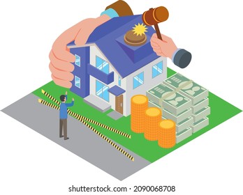 Isometric illustration of a man losing a house at auction