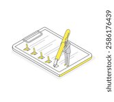 An isometric illustration of a man managing tasks with a large checklist and pen. Ideal for task management, schedule management, and business planning concepts.