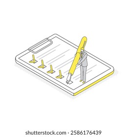 An isometric illustration of a man managing tasks with a large checklist and pen. Ideal for task management, schedule management, and business planning concepts.