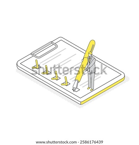 An isometric illustration of a man managing tasks with a large checklist and pen. Ideal for task management, schedule management, and business planning concepts.