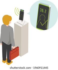 Isometric illustration of a man measuring the temperature.