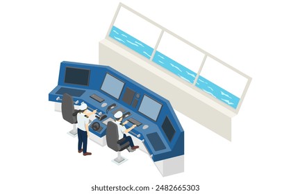 Isometric illustration: man on the bridge of a ship