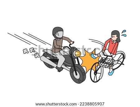 It is an isometric illustration of a man on a motorcycle and a woman on a bicycle who cause a contact accident.