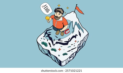 Isometric illustration of a man on a mountain peak, searching for success. He's holding a magnifying glass and a document, with a trophy, lightbulb, and calendar nearby.