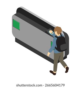 Isometric illustration: A man passing through a station ticket gate with a smartwatch