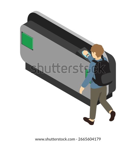 Isometric illustration: A man passing through a station ticket gate with a smartwatch