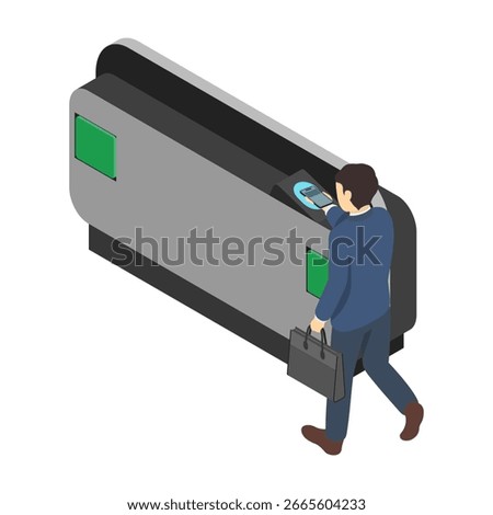 Isometric illustration: A man passing through a station ticket gate with a smartphone