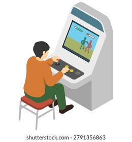 Isometric illustration: A man playing a fighting arcade game