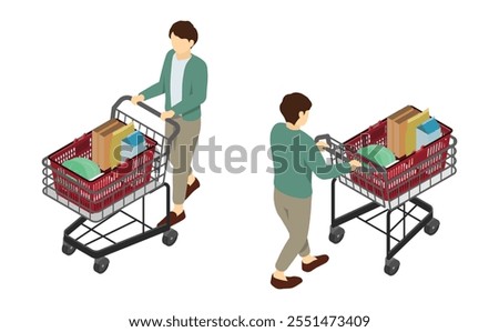 Isometric illustration: man pushing a shopping cart